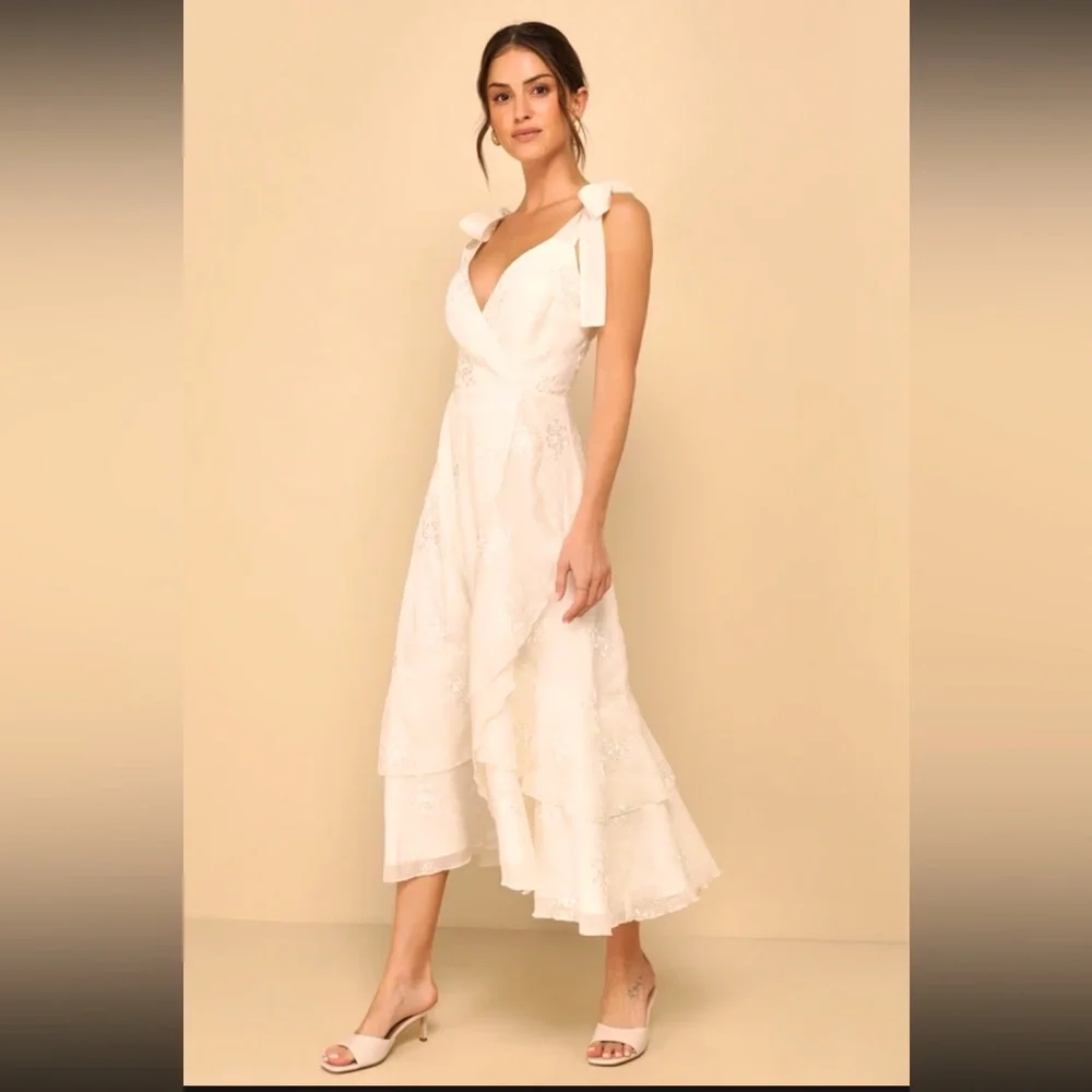 Lulus Embroidered Ruffled Tie-Strap straps
Midi Dress Ivory beige creme xl - Picture 1 of 5